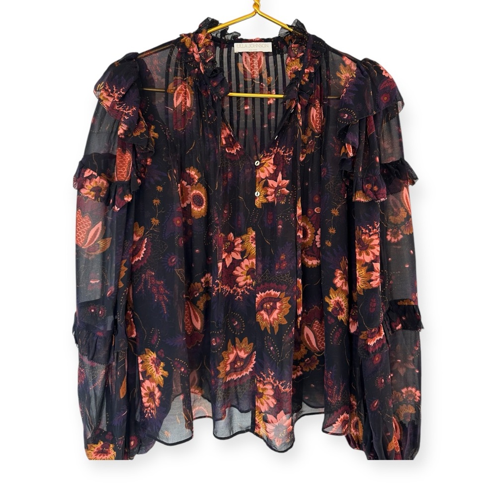 Ulla Johnson Floral Sheer Blouse - Black and Pink